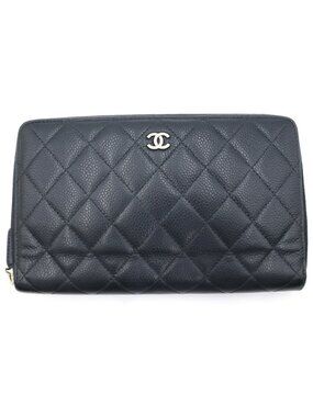 Chanel Quilted Round Zip Wallet Caviar Leather Silver Black